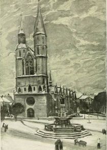 Brunswick — Church of St. Catherine and Henry the Lions Fountain in the Hagen Markt. Painted by Gertrude Wurmb. 