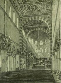 Hildesheim — The Nave of St. Michaels Church. Painted by Alfred Scherres. 