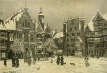 Hildesheim — The Rathaus (left). Temple House and Wedekind House in the Market-Place. Painted by Alfred Scherres. 