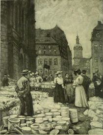 Dresden — Porcelain Fair in the New Market, the Church of Our Lady on the left. Painted by Karl O Lynch von Town. 