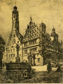 Rothenburg —The Rathaus (City Hall), the older part having the Tower. Etched by O. F. Probst. 