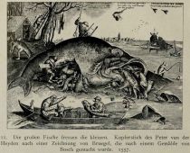 011. Die großen Fische fressen die kleinen. Kupferstich des Peter van der Heyden nach einer Zeichnung von Bruegel, die nach einem Gemälde von Bosch gemacht wurde. 1557