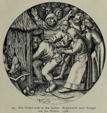019. Das Ferkel muss in den Kofen. Kupferstich nach Bruegel von J. Wierix. 1568