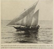 Maritimes, Ein großes Taucherschiff auf der Fahrt zu den Perlenbänken im Persischen Golf. Der größte Teil der Perlentaucherflotte wurde durch Wirbelsturm und Seebeben vernichtet