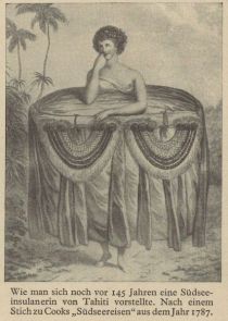 Wie man sich noch vor 145 Jahren eine Südseeinsulanerin von Tahiti vorstellte. Nach einem Stich zu Cooks „Südseereisen“ aus dem Jahr 1787