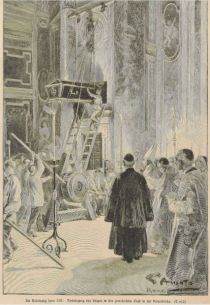 Die Beisetzung Leos XIII., Verbringung des Sarges in das provisorische Grab in der Peterskirche