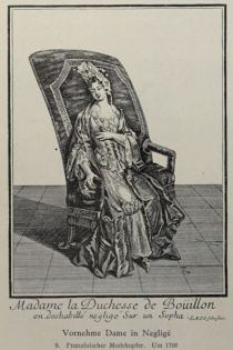 009 Vornehme Dame in Negligé. Französischer Modekupfer. Um 1700