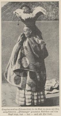 Mutterliebe, Eingeborenenfrau Südamerikas, die ihr Kind in einem mit Pelz ausgefütterten, Shinhungju, genannten Körbchen auf dem Kopf trägt, das leer auch als Hut dient