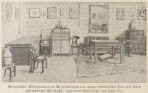 Wohnungsnot, Bürgerliches Wonzimmer der Biedermeierzeit mit einem brettdedeckten Bett und einem zuklappbaren Waschtisch, 1820
