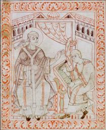 Gregor I. beim Diktieren des gregorianischen Gesangs (aus dem Antiphonar des Hartker von St. Gallen, um 1000)