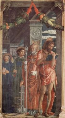 Gregor I. mit Benedikt von Nursa, Laurentius von Rom und Joh. d. Täufer (Andrea Mantegna 1459)