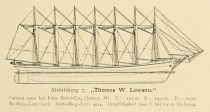 Abbildung 7. „Thomas W. Lawson.“  Gebaut 1902 bei Fore River-Co., Quincy, Ms. L — 112 m. B = 15,2 m. D = 10,75. Br.-Reg.-Tons 5218. Netto-Reg.-Tons 4914. Tragfähigkeit 8100 t bei 8,1 in Tiefgang.