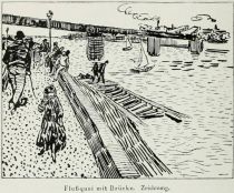 Flussquai mit Brücke. Zeichnung. 
