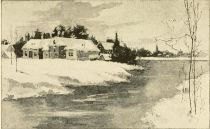 Schneebedeckte Häuser am Ufer im Winter, James Thomson 